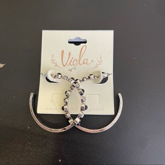 Viola Silver Black Studded Hoops - Picture 1 of 3